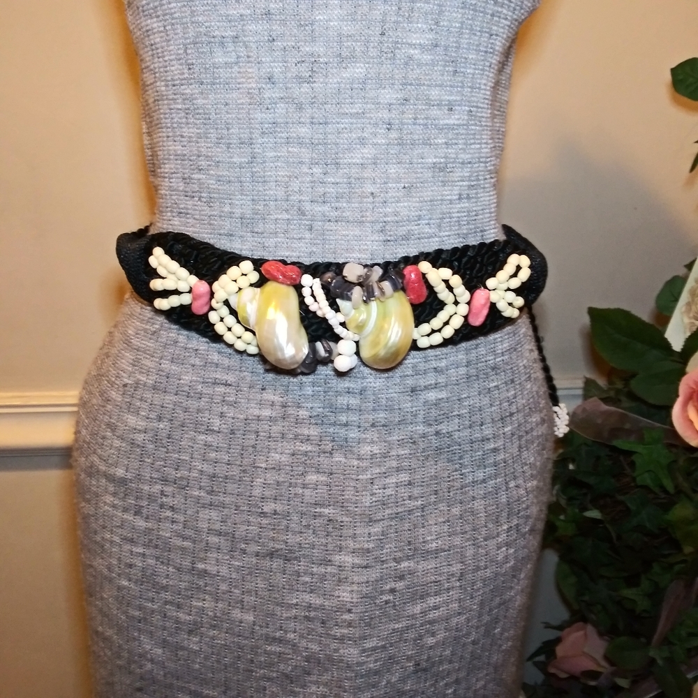 Vintage Black Cord Woven Belt With Shell & Coral Bead Decoration